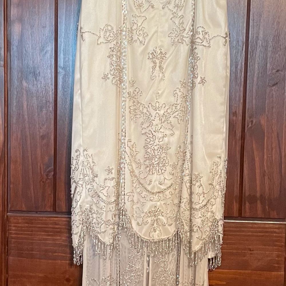 Cache’ long sheer beaded gown.  Cream / silver.